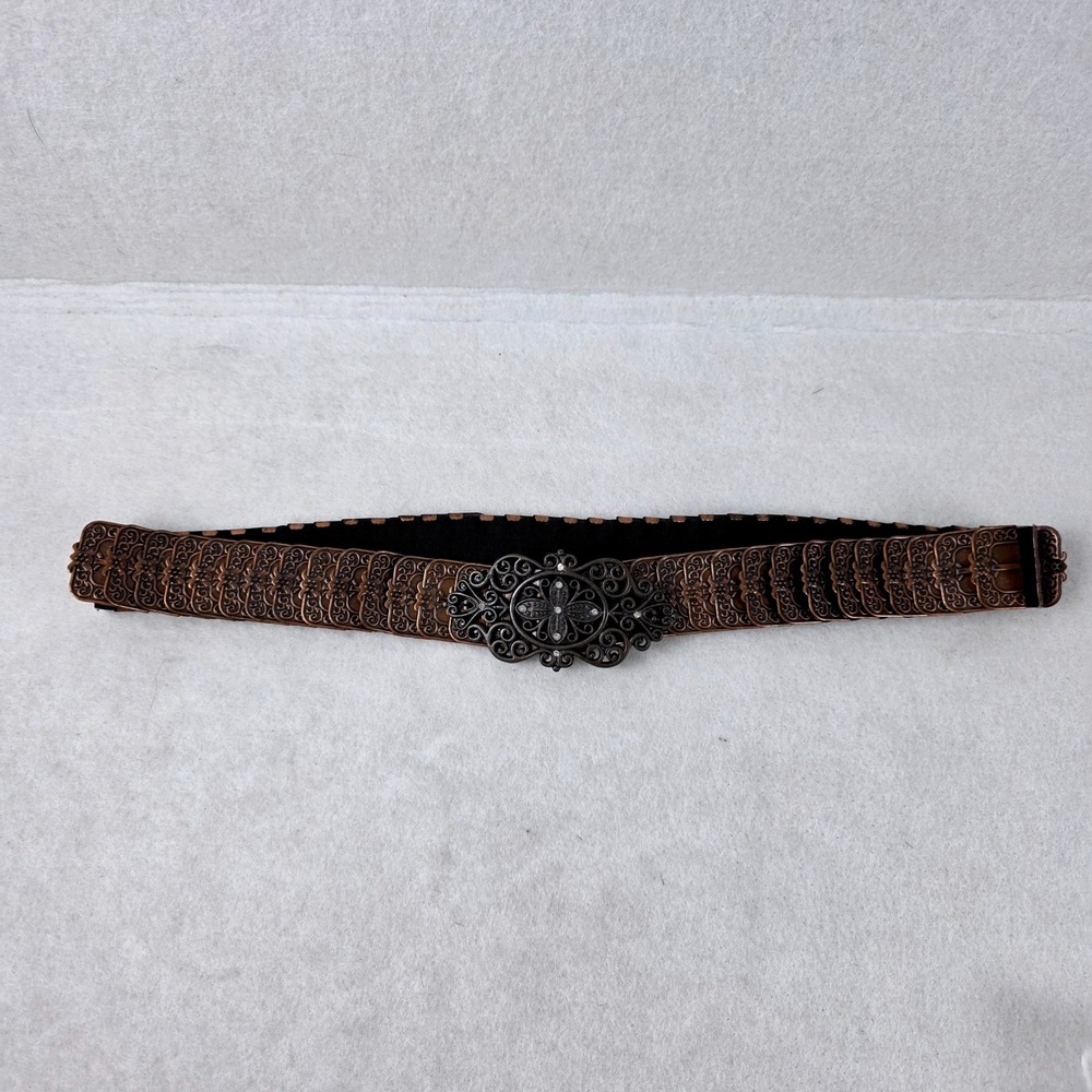 Vintage Copper Tone Metal Stretch Belt Rhinestone Filigree Floral Buckle 38"